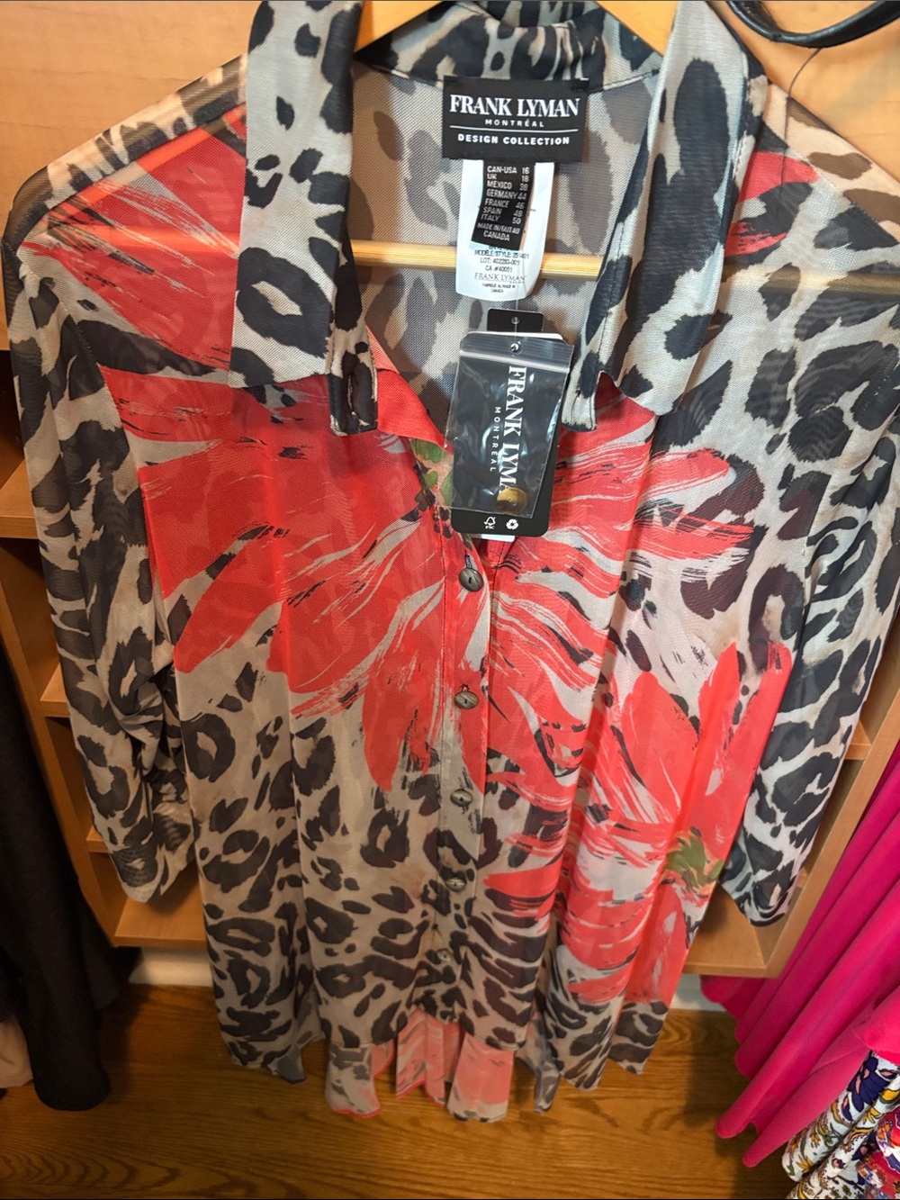 Frank Lyman Design Red Floral over Gray Leopard-Print long flowing top